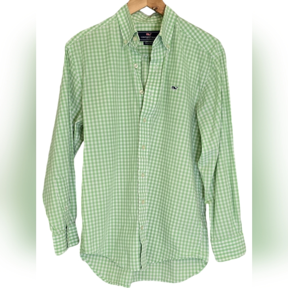 VINYARD VINES Gingham Whale Shirt Mens Small Green